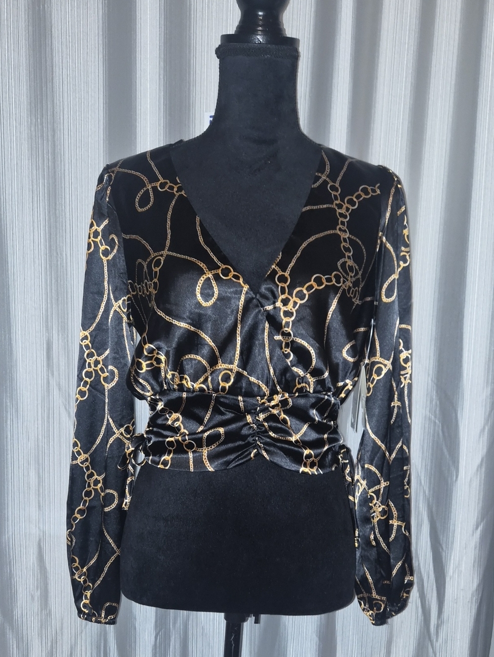 meraki Black V-Neck Blouse with Gold Chain Print